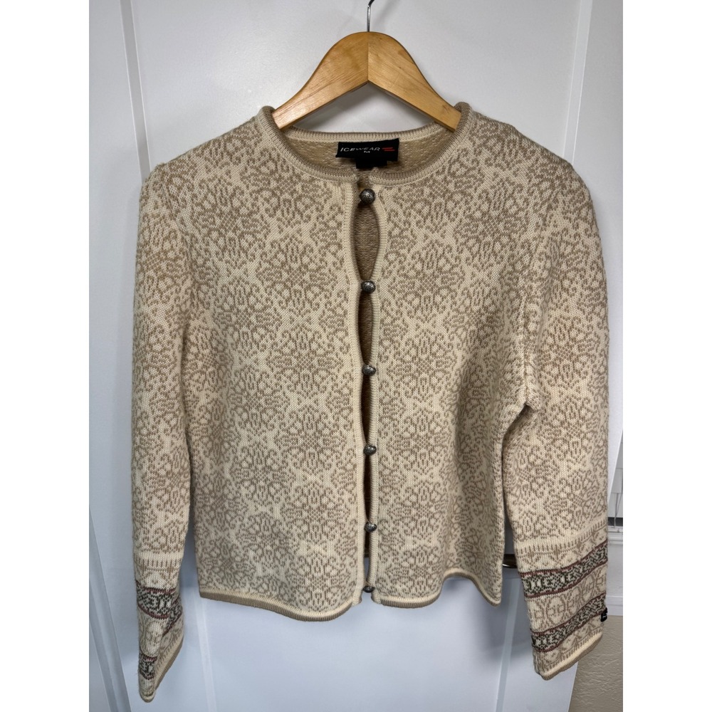 Icewear Nordic Wool Cardigan Sweater Cream Tan Geometric Button Up Womens M